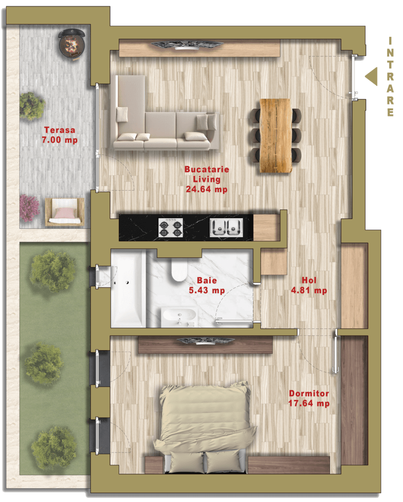 Apartament premium cu 2 camere TIP 03C și cu vedere spre piscină din living și din dormitor în Timișoara, zona de Nord
